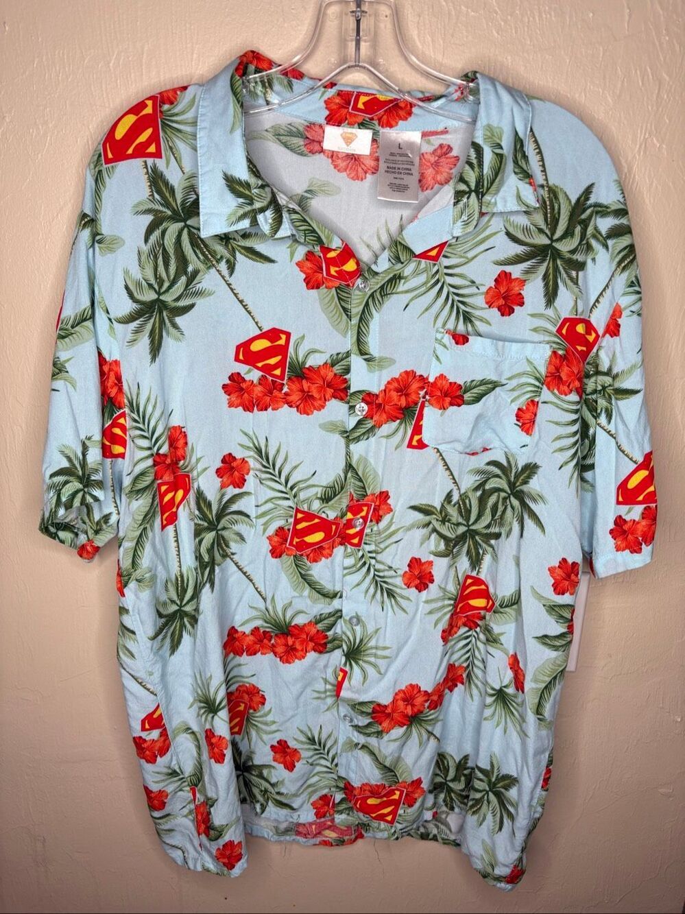 Superman DC Comics Hawaiian Button Front Shirt Tropical Palm Trees Rayon Men's L